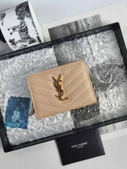 SAINT LAURENT Wallet Bags Caviar Leather (Beige-Gold) 12X10X3CM B00202608081629