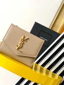 SAINT LAURENT Wallet Bags Caviar Leather (Beige-Gold) 12X10X3CM B20202608081585