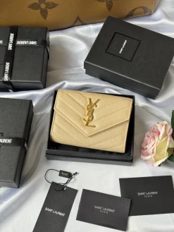 SAINT LAURENT Wallet Bags Caviar Leather (Beige-Gold) 13X9X3CM A60202608081350