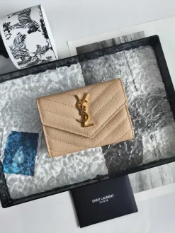 SAINT LAURENT Wallet Bags Caviar Leather (Beige-Gold) 13X9X3CM A60202608081594