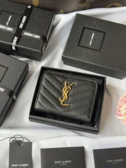 SAINT LAURENT Wallet Bags Caviar Leather (Black-Gold) 12X10X3CM B00202608081332