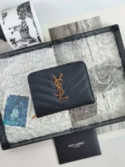 SAINT LAURENT Wallet Bags Caviar Leather (Black-Gold) 12X10X3CM B00202608081623