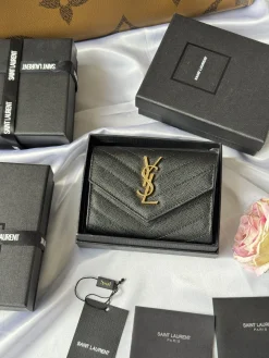 SAINT LAURENT Wallet Bags Caviar Leather (Black-Gold) 13X9X3CM A60202608081347