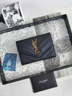 SAINT LAURENT Wallet Bags Caviar Leather (Black-Gold) 13X9X3CM A60202608081591
