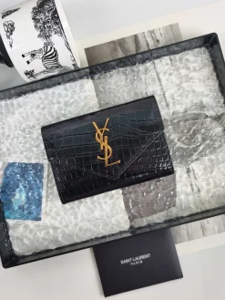 SAINT LAURENT Wallet Bags Caviar Leather (Black-Gold) 13X9X3CM A60202608081638