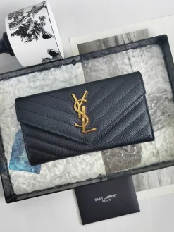 SAINT LAURENT Wallet Bags Caviar Leather (Black-Gold) 19X11CM B20202608081609