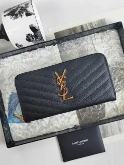 SAINT LAURENT Wallet Bags Caviar Leather (Black-Gold) 19X9CM B10202608081616