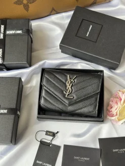 SAINT LAURENT Wallet Bags Caviar Leather (Black-Silver) 13X9X3CM A60202608081348