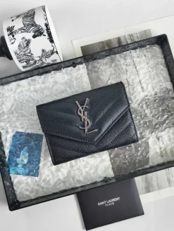 SAINT LAURENT Wallet Bags Caviar Leather (Black-Silver) 13X9X3CM A60202608081592