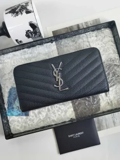 SAINT LAURENT Wallet Bags Caviar Leather (Black-Silver) 19X9CM B10202608081617