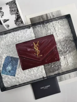 SAINT LAURENT Wallet Bags Caviar Leather (Burgundy-Gold) 13X9X3CM A60202608081637