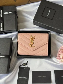 SAINT LAURENT Wallet Bags Caviar Leather (Pink-Gold) 13X9X3CM A60202608081344