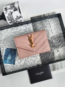 SAINT LAURENT Wallet Bags Caviar Leather (Pink-Gold) 13X9X3CM A60202608081596