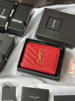 SAINT LAURENT Wallet Bags Caviar Leather (Red-Gold) 12X10X3CM B00202608081329