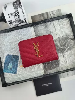 SAINT LAURENT Wallet Bags Caviar Leather (Red-Gold) 12X10X3CM B00202608081626