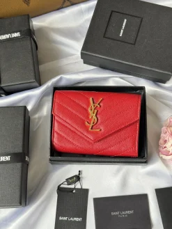 SAINT LAURENT Wallet Bags Caviar Leather (Red-Gold) 13X9X3CM A60202608081345