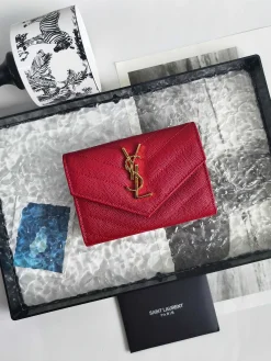 SAINT LAURENT Wallet Bags Caviar Leather (Red-Gold) 13X9X3CM A60202608081595