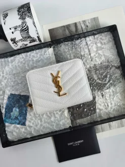 SAINT LAURENT Wallet Bags Caviar Leather (White-Gold) 12X10X3CM B00202608081627