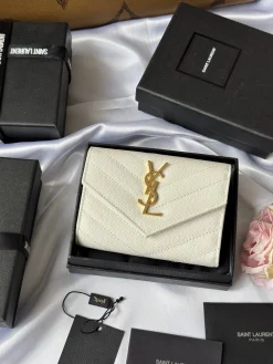 SAINT LAURENT Wallet Bags Caviar Leather (White-Gold) 13X9X3CM A60202608081349