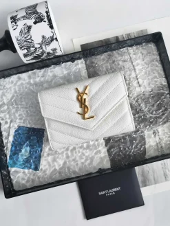 SAINT LAURENT Wallet Bags Caviar Leather (White-Gold) 13X9X3CM A60202608081597