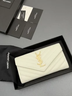 SAINT LAURENT Wallet Bags Caviar Leather (White-Gold) 19X11X3CM B20202608081245