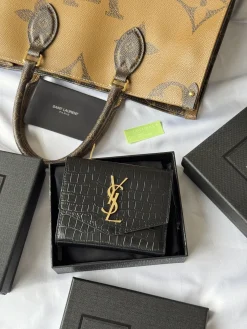 SAINT LAURENT Wallet Bags Crocodile Leather (Black-Gold) 12X10X3CM B10202608081333