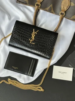 SAINT LAURENT Wallet Bags Crocodile Leather (Black-Gold) 19X12X4CM B70202608081276