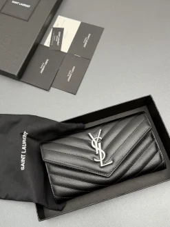 SAINT LAURENT Wallet Bags Embossed Leather (Black-Silver) 19X11X3CM B20202608081248