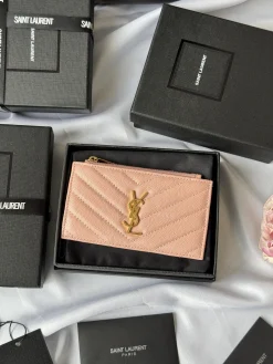 SAINT LAURENT Wallet Bags Grained Calfskin (Pink-Gold) 13X8X2CM A00202608081260