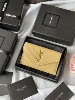 SAINT LAURENT Wallet Bags Leather (Beige-Gold) 13X8X2CM A60202608081268