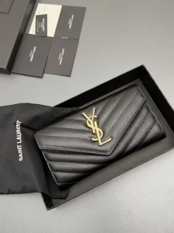 SAINT LAURENT Wallet Bags Leather (Black-Gold) 19X11X3CM B20202608081249