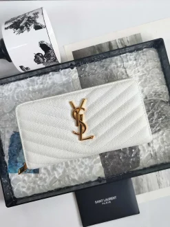 SAINT LAURENT Wallet Bags Leather (White-Gold) 19X9CM B10202608081621