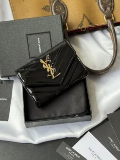 SAINT LAURENT Wallet Bags Patent Leather (Black-Gold) 13X9X3CM A80202608081351