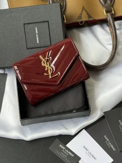 SAINT LAURENT Wallet Bags Patent Leather (Burgundy-Gold) 13X9X3CM A80202608081342