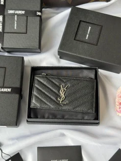 SAINT LAURENT Wallet Bags Pebbled Calfskin (Black-Silver) 13X8X2CM A00202608081263