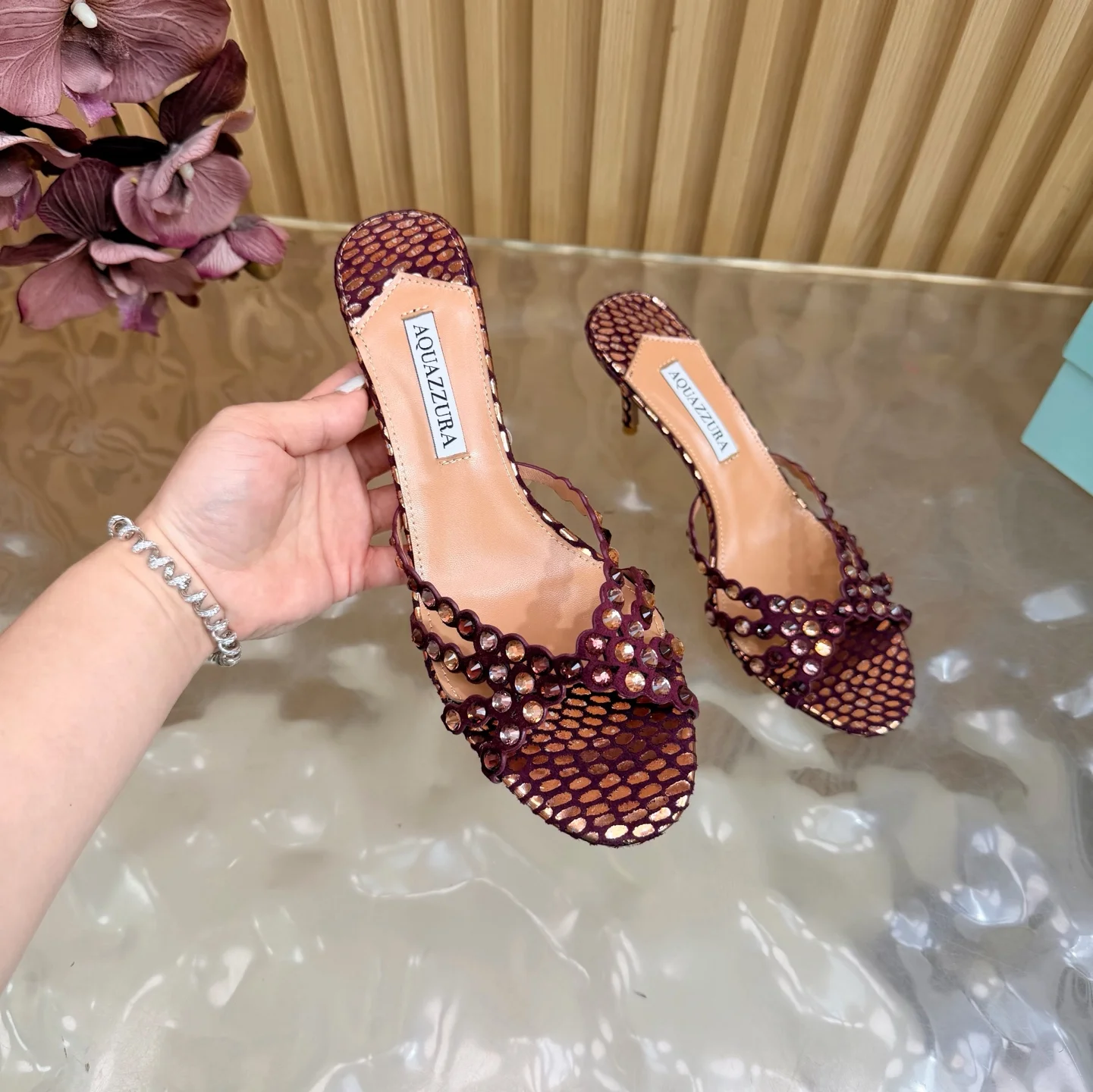 AQUAZZURA Sandals Leather Burgundy-Gold EU36-43 B90202609110825 - Image 8