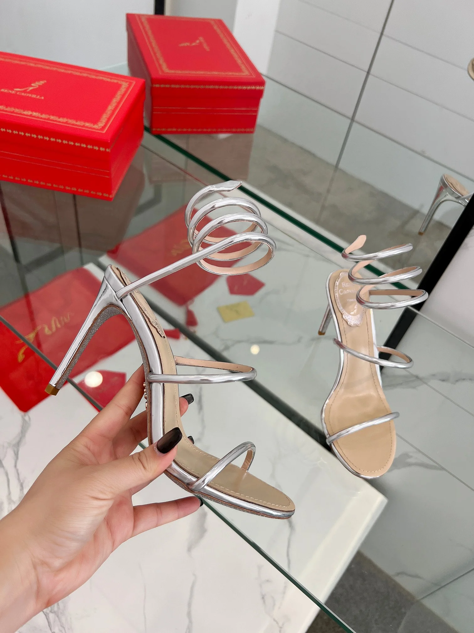 AQUAZZURA Sandals Metallic Snake Leather Silver-Nude EU35-39 B70202609110340
