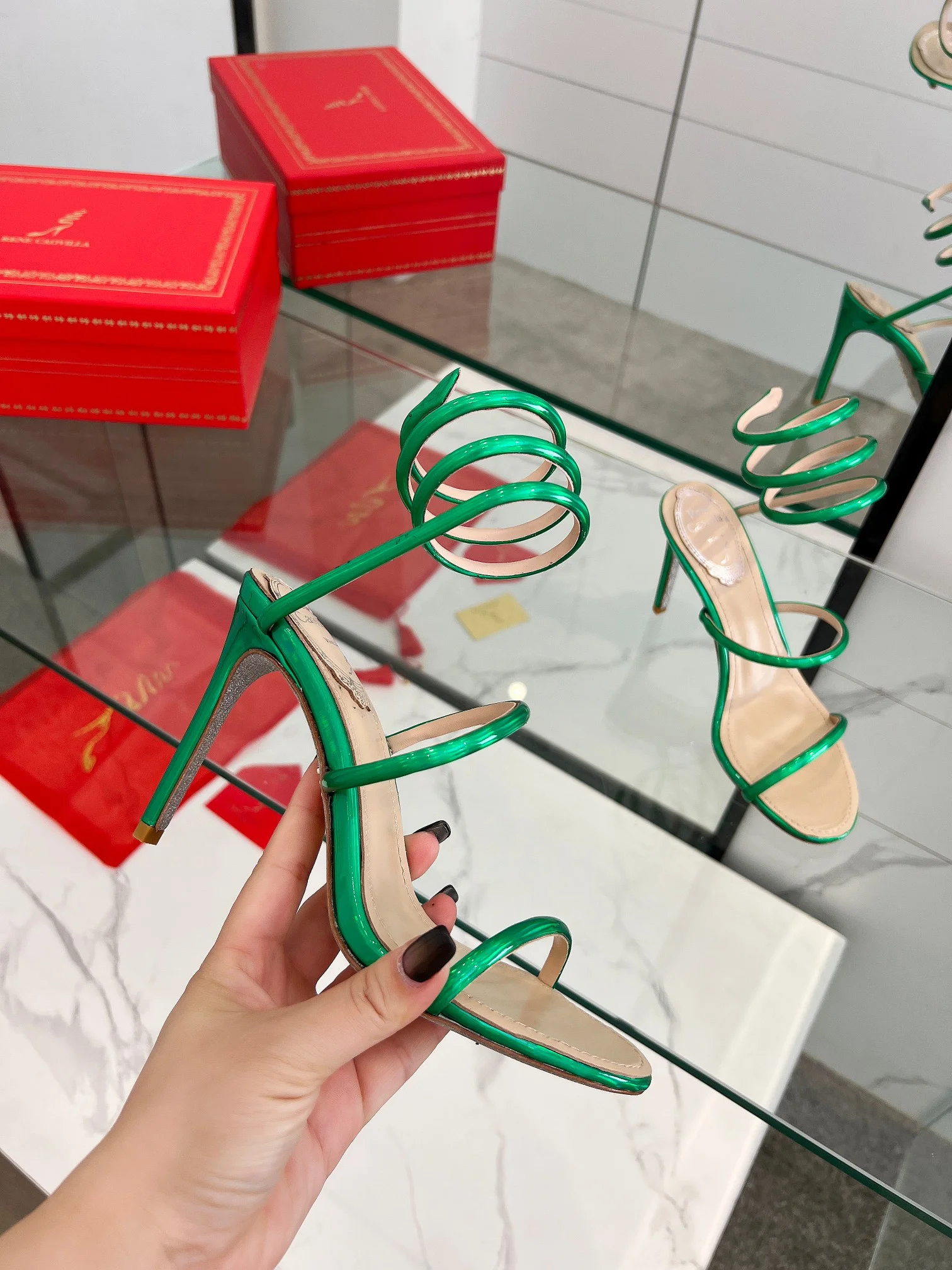 AQUAZZURA Sandals Metallic Snakeskin Green-Beige EU35-39 B70202609110344
