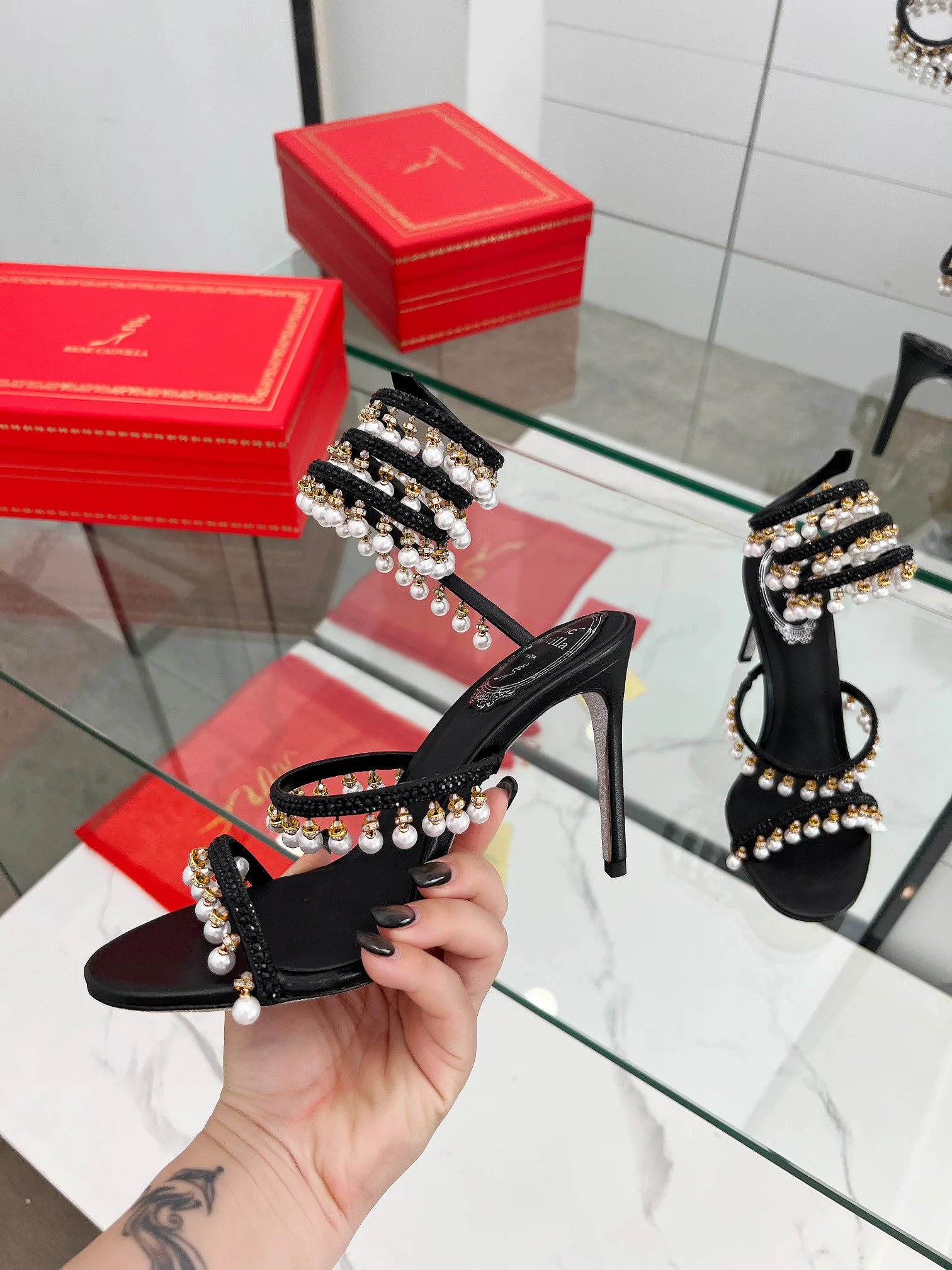 AQUAZZURA Sandals Silk Crystal Pearl Black-Gold EU35-39 C50202609110319 - Image 3