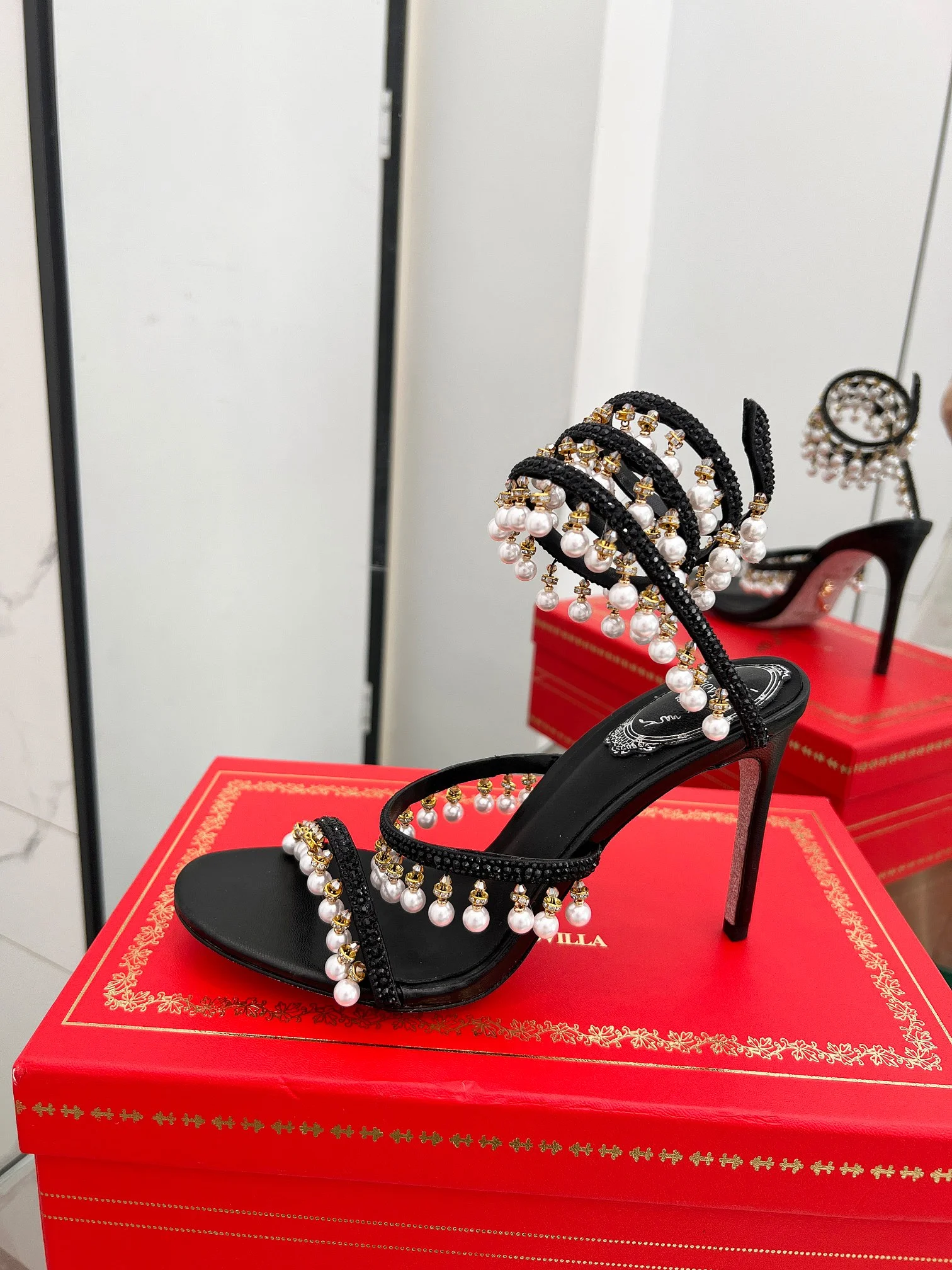 AQUAZZURA Sandals Silk Crystal Pearl Black-Gold EU35-39 C50202609110319 - Image 4
