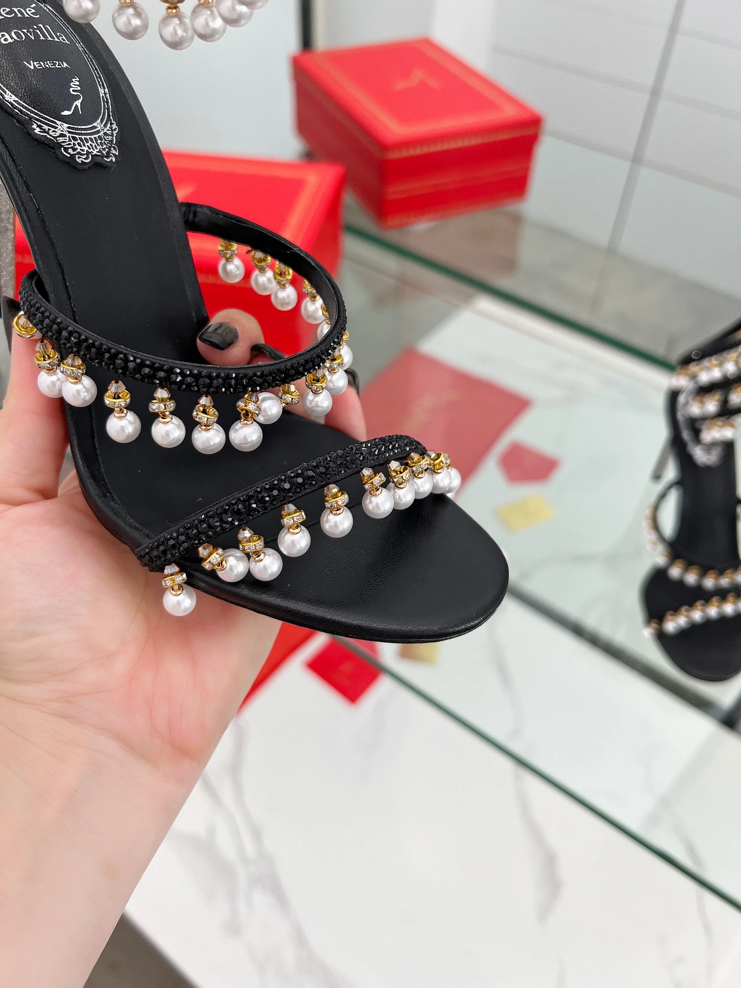 AQUAZZURA Sandals Silk Crystal Pearl Black-Gold EU35-39 C50202609110319 - Image 6