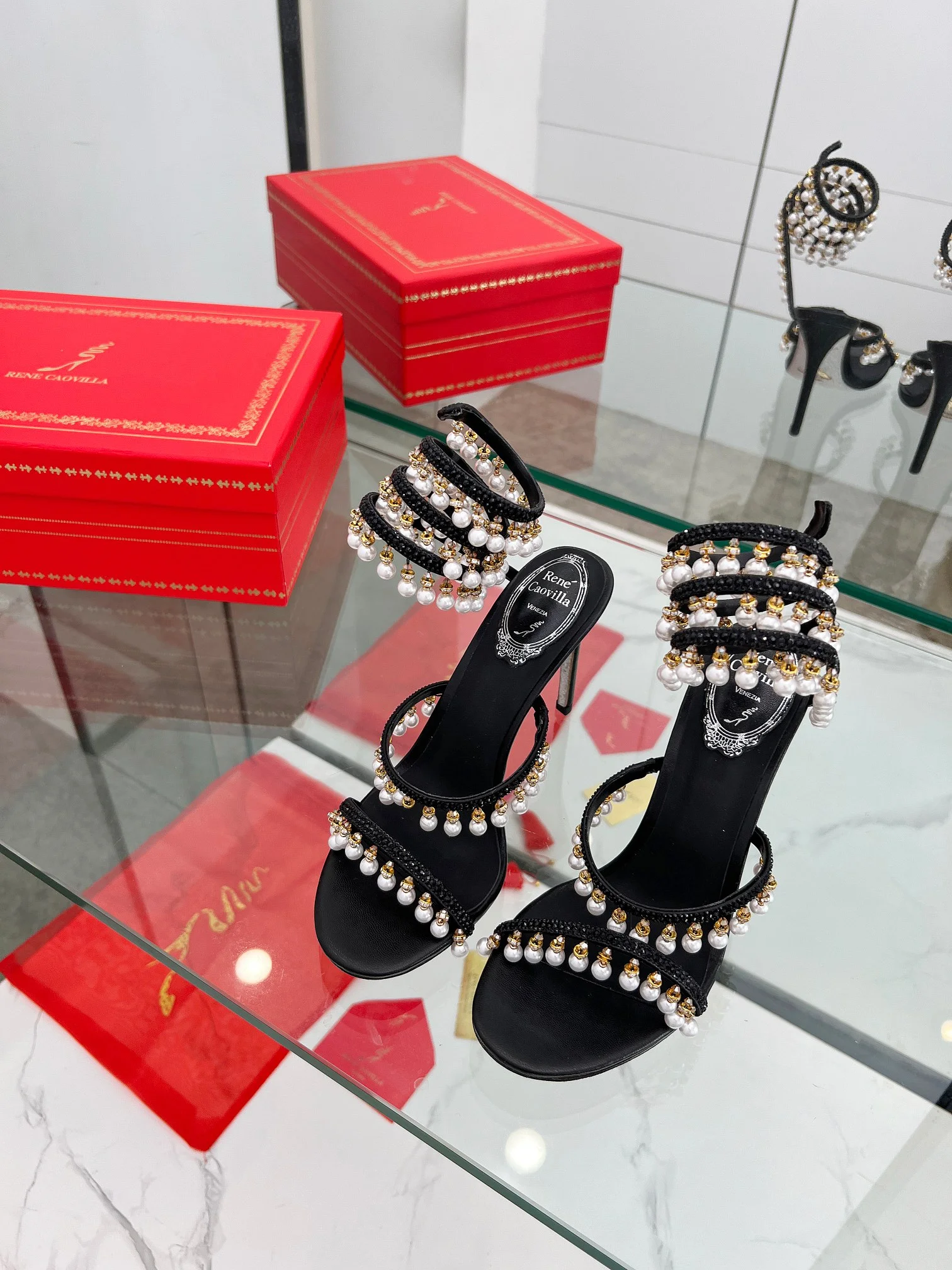 AQUAZZURA Sandals Silk Crystal Pearl Black-Gold EU35-39 C50202609110319 - Image 8
