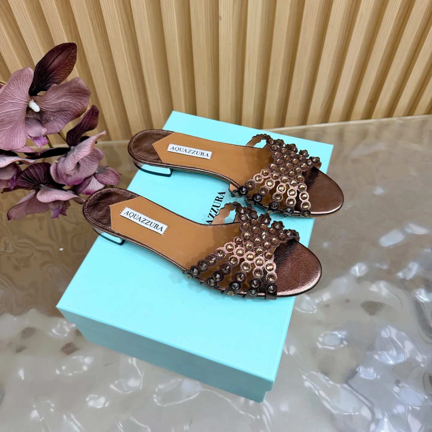 AQUAZZURA Sandals Suede Leather Bronze-Gold EU36-43 B65202609110848