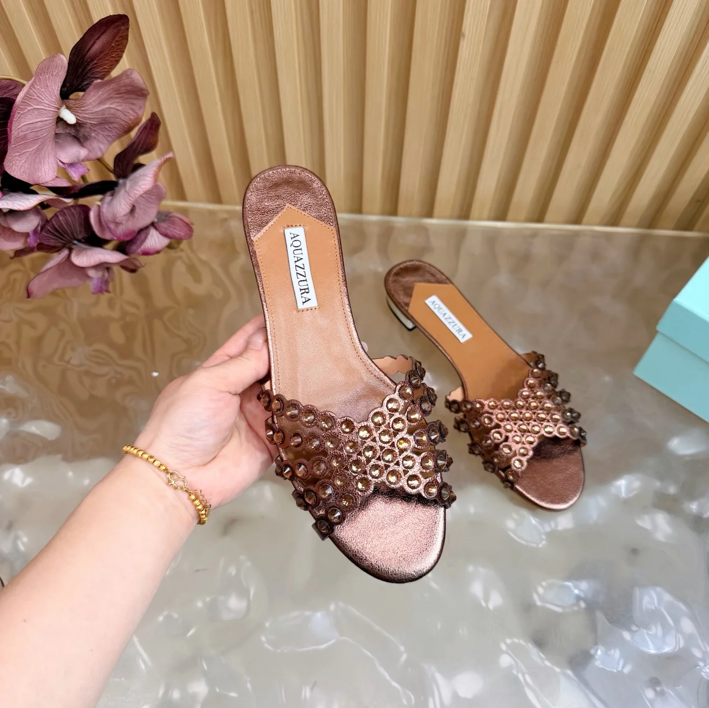 AQUAZZURA Sandals Suede Leather Bronze-Gold EU36-43 B65202609110848 - Image 7
