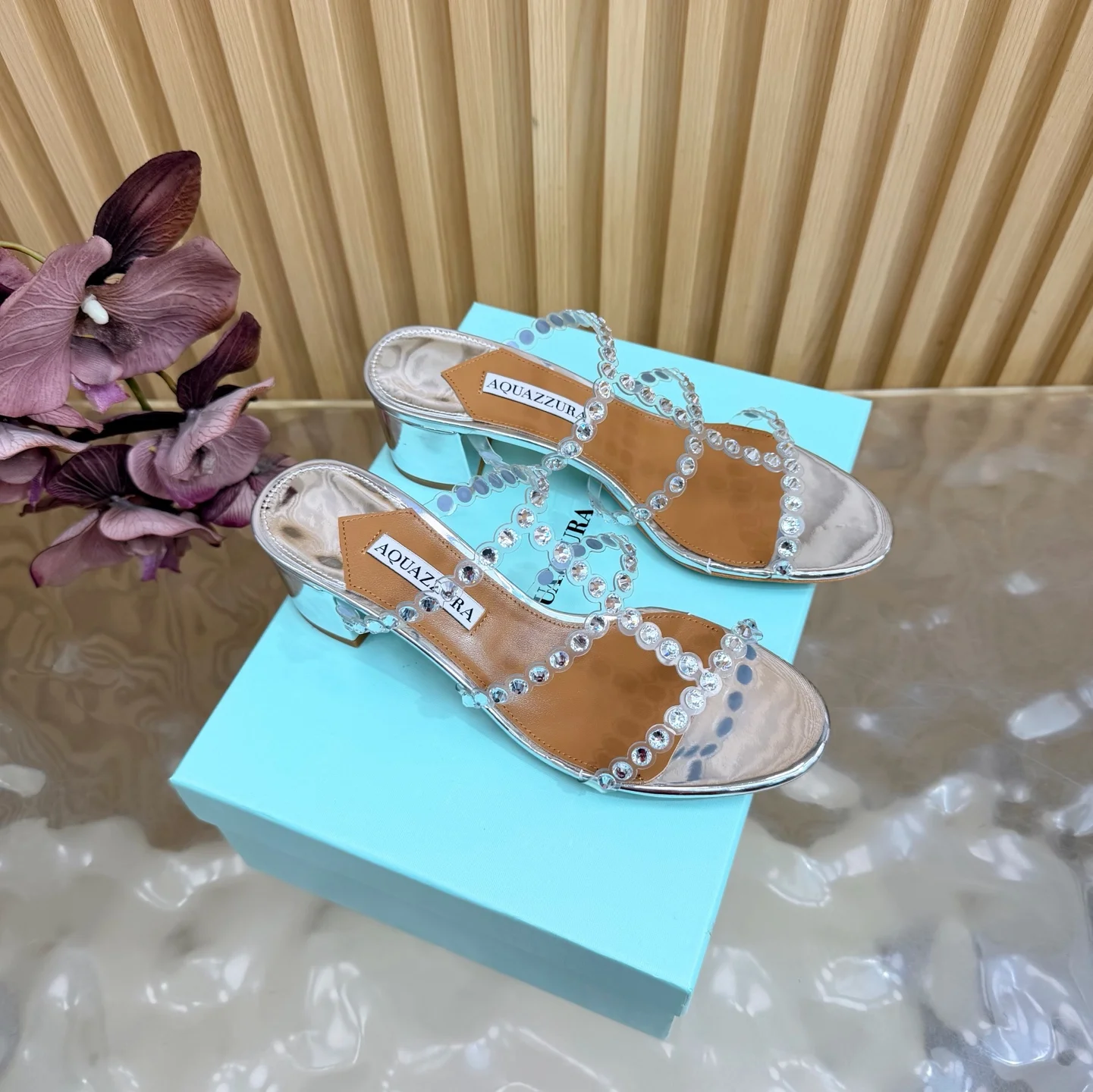 AQUAZZURA Sandals Suede Leather PVC Silver-Brown EU36-43 B60202609110841