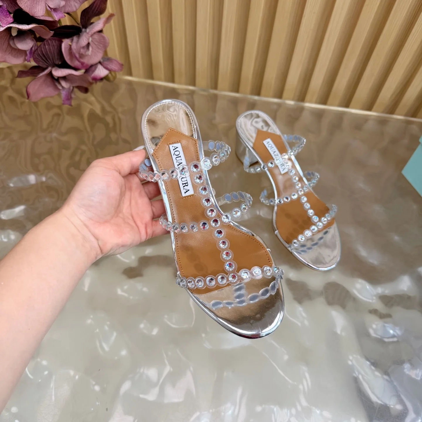 AQUAZZURA Sandals Suede Leather PVC Silver-Brown EU36-43 B60202609110841 - Image 6