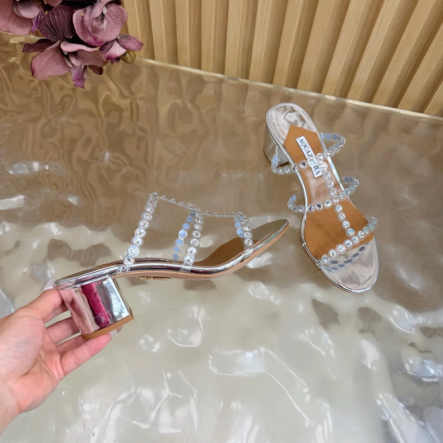 AQUAZZURA Sandals Suede Leather PVC Silver-Brown EU36-43 B60202609110841 - Image 7