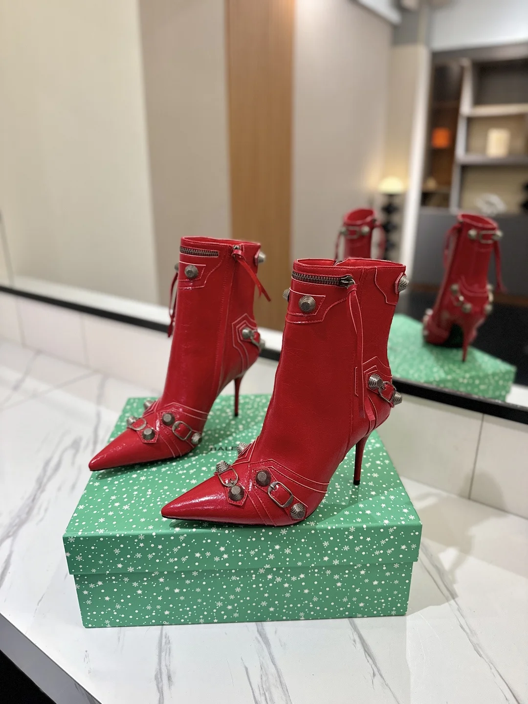 BALENCIAGA Booties Calfskin Leather Red-Silver D90202609111417 - Image 2