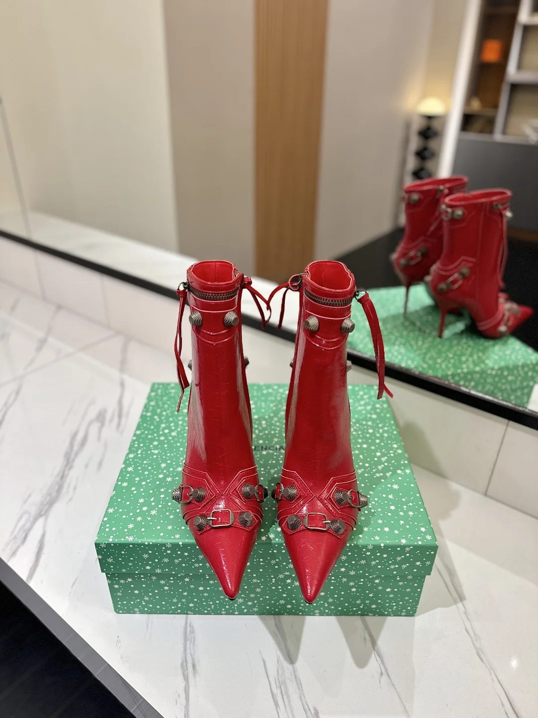 BALENCIAGA Booties Calfskin Leather Red-Silver D90202609111417 - Image 3