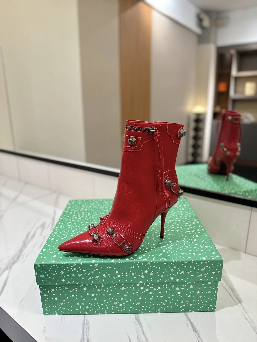 BALENCIAGA Booties Calfskin Leather Red-Silver D90202609111417 - Image 4